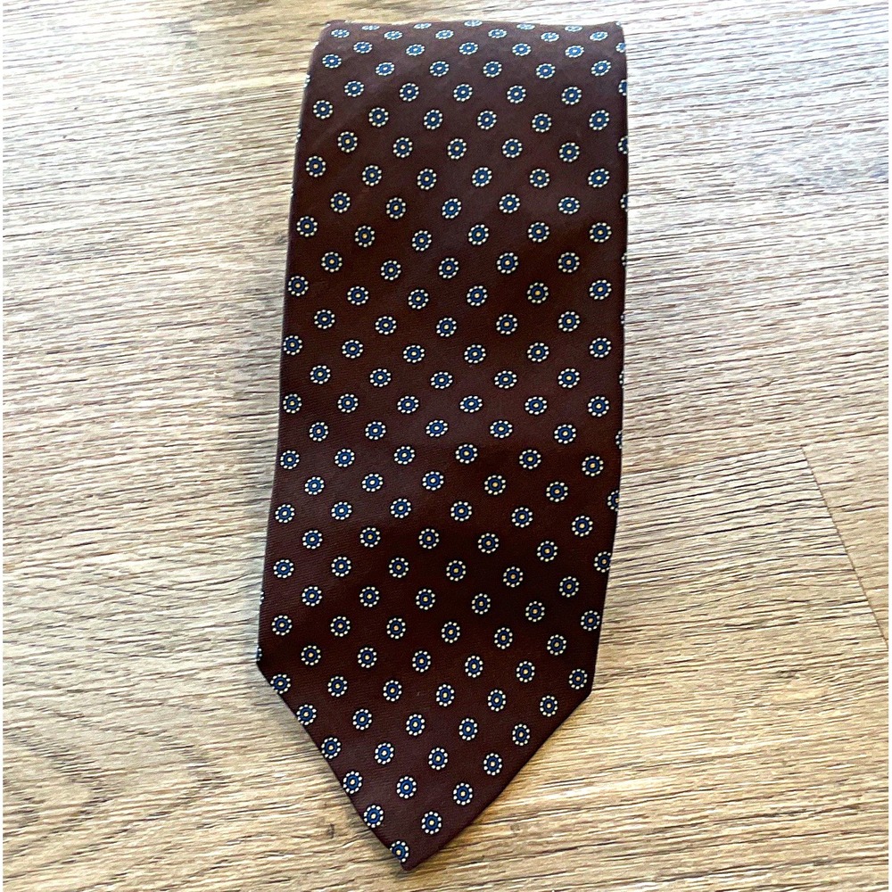 John Mabry Men's 100% Silk Tie Brown Blue White Geometric Woven Pointed
